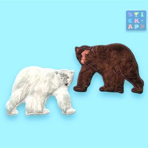 Könnte beinhalten: Zwei gestickte Bügelbilder von Bären. Das linke Bild ist ein weißer Eisbär. Das rechte Bild ist ein brauner Grizzlybär.