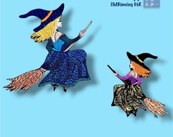 Witch on a broomstick – artistic embroidered appliqué in 10 or 13 cm – also available in custom colors