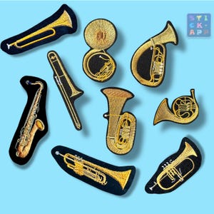 Blechblasinstrumente Stickapplikation– Trompete, Saxophon, Tuba – Wunschname & Farben – Musik Aufnäher zum Aufbügeln