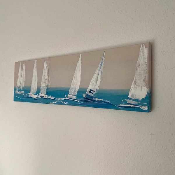 Original Kunst Segelbild Segelyachten Segelboote, maritime Malerei, Kunst kaufen 70 x 20 cm, Wohninspiration, Geschenk blau