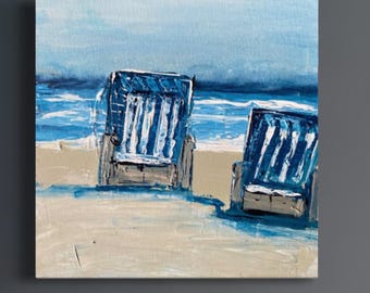 Picture with blue beach chair, canvas with acrylic paints, 30 x 30 cm Original maritime painting