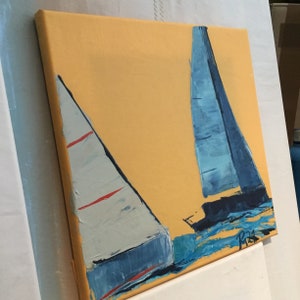 Tableaux de voile en peintures acryliques sur toile, tableau avec voiliers, original peint à la main 30 x 30 cm