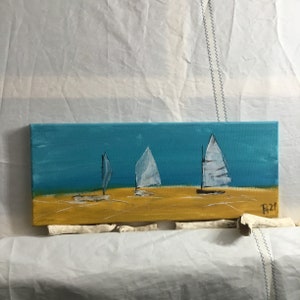 Sailing pictures 50 x 20 cm, by the sea, turquoise blue yellow Original hand-painted, small painting