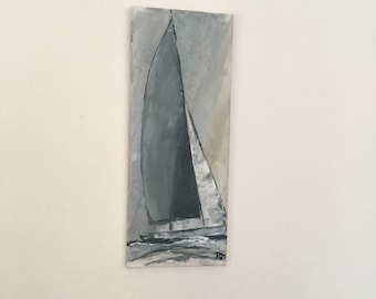 Picture sailboat 20 x 50 cm, by the sea, black and white grey, original hand-painted, small narrow painting