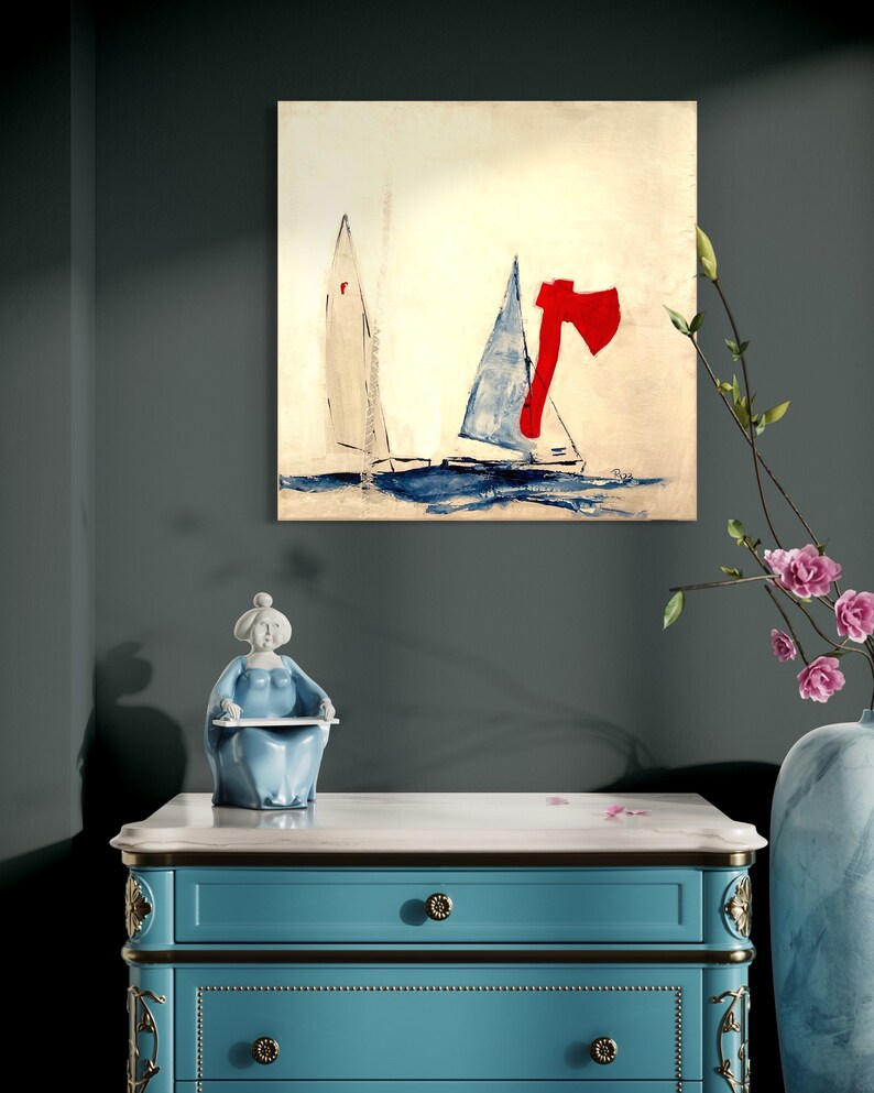 Gemälde Bilder Segelboote Pirat Jolle, Segelboote in Acrylfarben gemalt, Wohninspiration, maritime wanddeko, Geschenk Bild 6