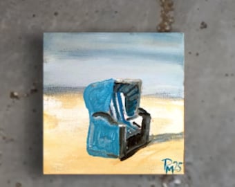 Beach chair painted on canvas light blue 20 x 20 cm