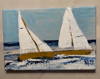 Sailing pictures with sailboats, sailors, canvas painting maritime art, sea, Nordic colors handpainted Original 30 x 20 cm