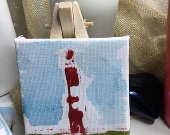 Leuchtturm rot weiß- Bilder und maritime Gemälde, Acrylbilder kaufen, Mini Bild mit Staffelei, Original handgemalt
