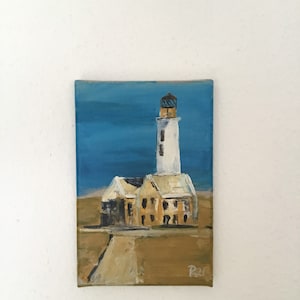 Tableau Phare de Curaçao 20 x 30 cm, au bord de la mer. Peinture originale peinte à la main, petite taille.