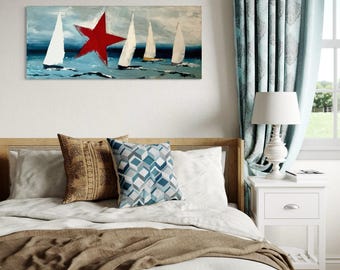 Leinwandbild - Segelyachten Segelboote segelbilder, Maritime Malerei auf Original Segeltuch, Geschenkidee - 120 x 50 cm