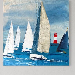 Obraz z żaglówką, malarstwo akrylowe o tematyce marynistycznej, prezent, sztuka, malarstwo, oryginał malowany ręcznie 50 x 50 cm