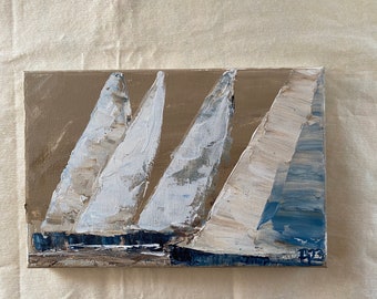 Sailing pictures with sailboats, painting sailors, canvas picture maritime art, sea, hand-painted original 30 x 20 cm