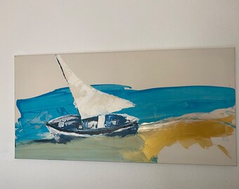 Leinwandbild Segelboot, Gemälde Gold, Wohnzimmer, Geschenkidee 100x50