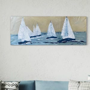 Pictures with sailboats - maritime pictures gifts decoration sea blue-grey - 80 x 30 cm ~ Original hand-painted