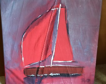 Bild mit Segelboot- maritime Bilder Geschenke Dekoration Meer rot - Original handgemalt 30 x 30 cm