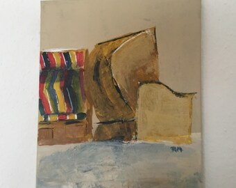Picture with ochre yellow beach chairs, canvas with acrylic paints, 30 x 40 cm Original maritime painting
