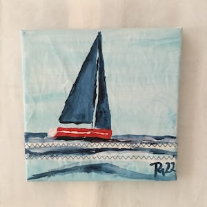 Pictures with sailing boats, sailors, canvas picture maritime art, sea, hand-painted original 20 x 20 cm
