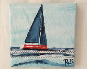 Sailing pictures with sailboats, sailors, canvas painting maritime art, sea, hand-painted Original 20 x 20 cm