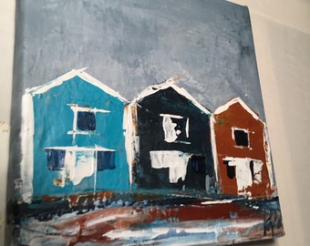 Helgoland Hummerbuden, bunte Häuser am Hafen, maritime Kunst handgemalt Original 20 x 20 cm