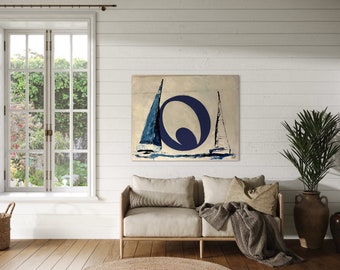 May include: Abstract painting of three sailboats with a large blue circle in the background. The sailboats are white with blue sails. The background is a light beige color.