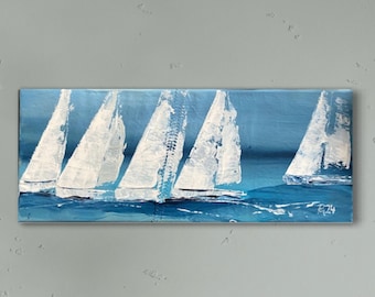 Segelbilder mit Segelbooten, Segler, Leinwandbild maritime Kunst, Meer, handgemalt Original 50 x 20 cm