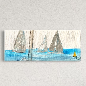 Sailing pictures with sailboats, paintings sailors, canvas picture maritime art, sea, hand-painted original 50 x 20 cm