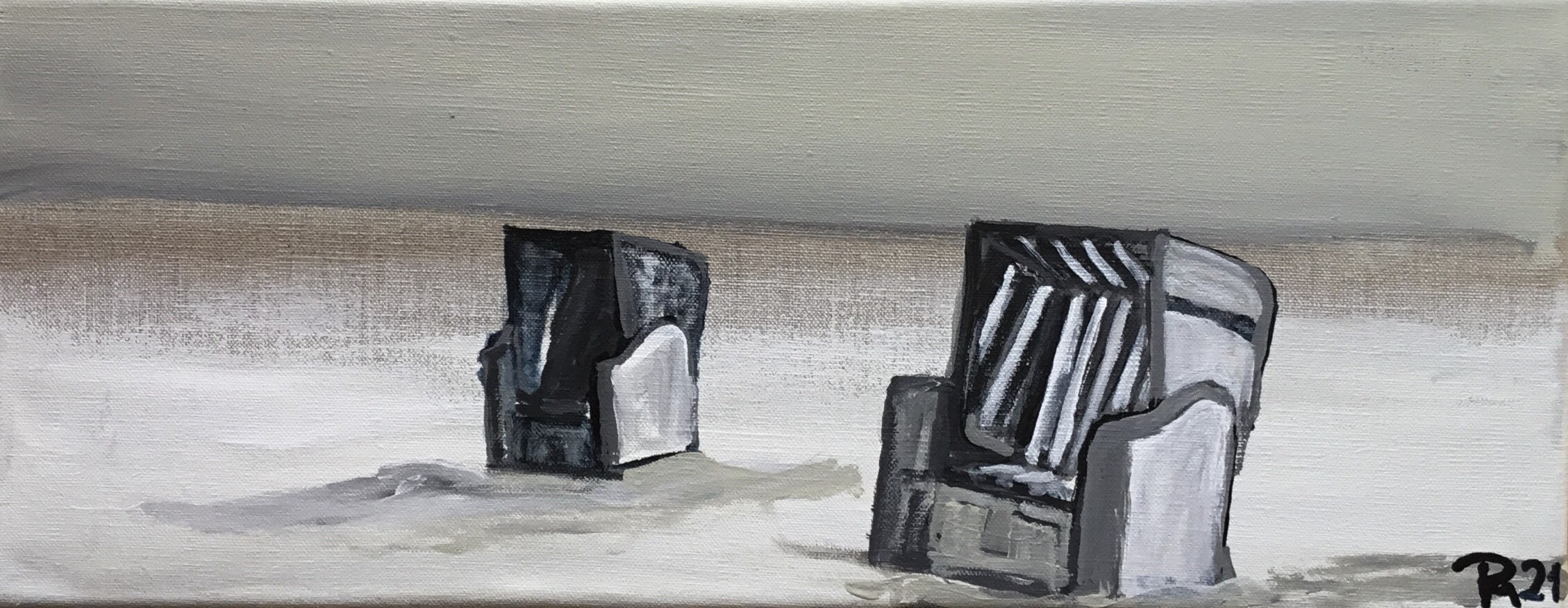 Picture beach chairs - maritime pictures gifts decoration sea - original hand-painted small painting - painting on canvas 50x20