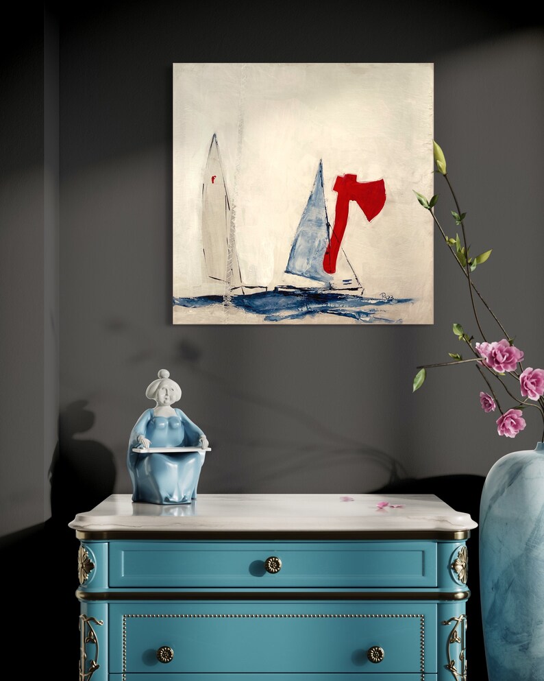 Gemälde Bilder Segelboote Pirat Jolle, Segelboote in Acrylfarben gemalt, Wohninspiration, maritime wanddeko, Geschenk Bild 4
