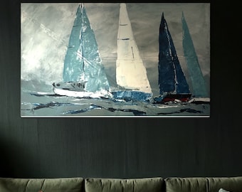 Bild mit Segelbooten modern 100 x 60 - Segelyacht - hochwertige Originale Unikate, Gemälde