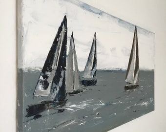 Segelboote grau - maritime Bilder Wohnzimmer- 80 x 40 cm, Original handgemalt