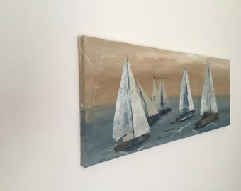 Pictures with sailboats - maritime pictures gifts decoration sea blue-gray- 80 x 30 cm ~ original hand painted