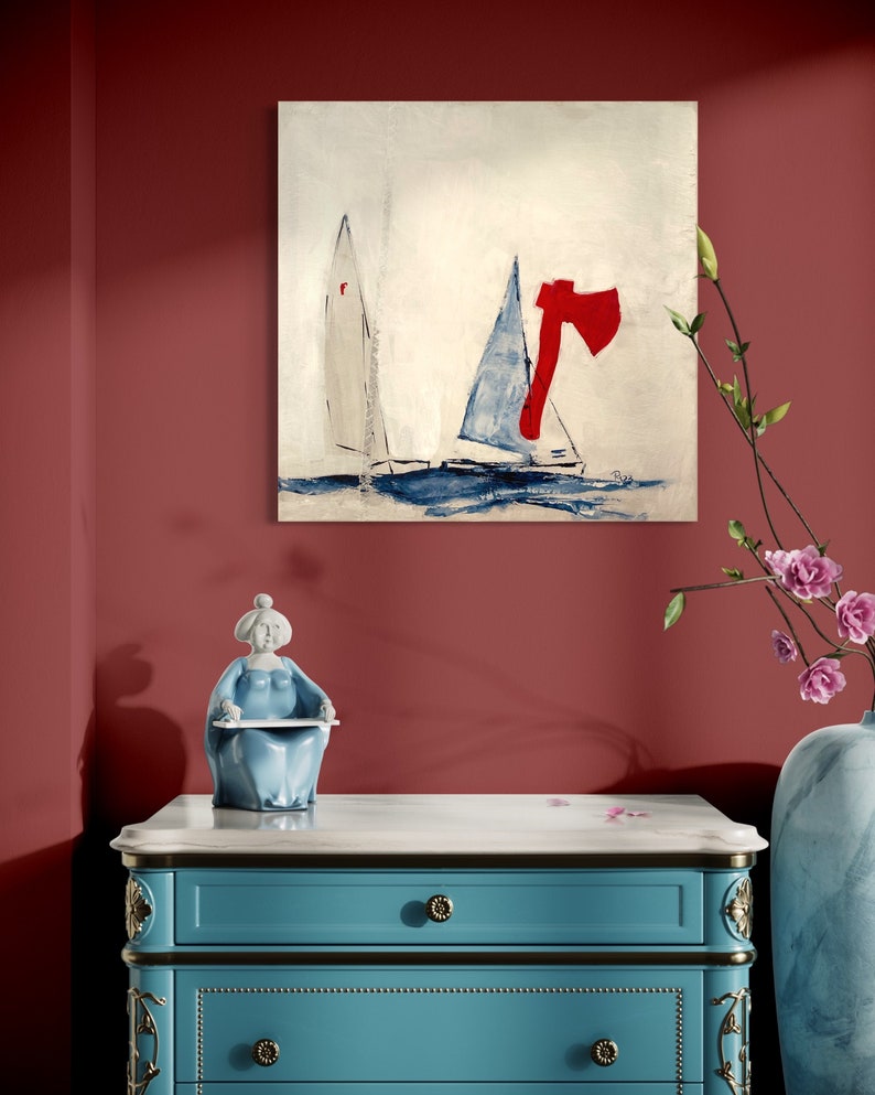 Gemälde Bilder Segelboote Pirat Jolle, Segelboote in Acrylfarben gemalt, Wohninspiration, maritime wanddeko, Geschenk Bild 3