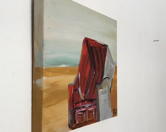 Canvas picture on wood – beach chair picture red 30 x 30 cm
