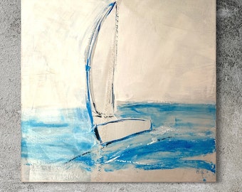 Quadri acrilici su tela, quadro con barca a vela, yacht a vela, marinaio blu in originale dipinto a mano 60x60