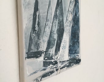 Picture with sailboats, painting on canvas handpainted Original 30 x 30 cm, in blue-grey colours