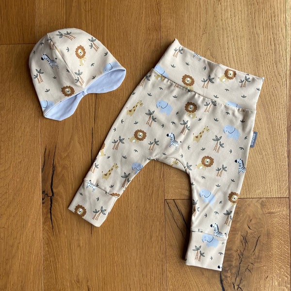 Newborn baby set with safari animals, newborn, pants, baby hat, toddler, pumphose, baby bloomers, baby gift, baby girl clothes, baby clothes