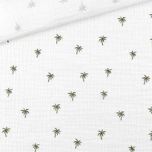 May include: White fabric with a repeating pattern of small, dark green palm trees. The fabric has a slightly textured appearance, with a subtle crinkled effect. The palm tree design is evenly spaced across the surface.