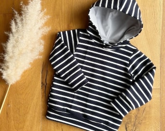 Blau-weiß gestreifter Hoodie, Kapuzenpulli, Pullover mit Kapuze, Sweatshirt, Sweatshirt Mädchen, Sweatshirt Junge, Kinderbekleidung