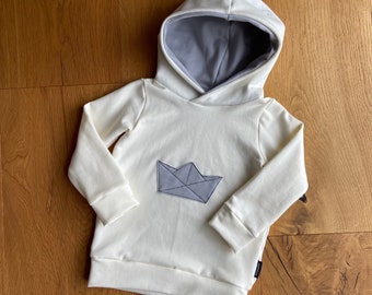 Hooded sweatshirt with boat patch, baby boy hoodie, baby sweatshirt in ecru, baby hoodie, baby girl hoodie, sweatshirt baby, handmade