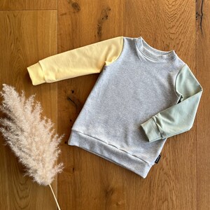 Könnte beinhalten: Ein graues Sweatshirt mit gelben und grünen Farbblockärmeln. Das Sweatshirt hat einen Rundhalsausschnitt und lange Ärmel.