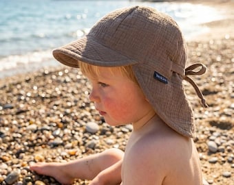 Muslin Baby Sun Hat with Neck Flap – Lightweight Toddler Summer Hat with Brim – Breathable Cotton Sun Protection – Handmade
