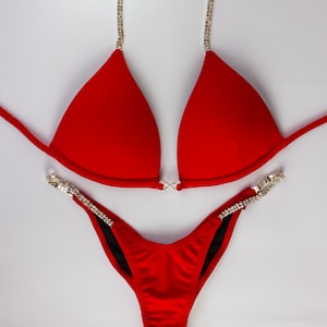 Red Base Fitness Bikini, Figure Bikini, Bikini Suit, Competition Bikini, Wellness Competition Bikini, NPC, IFBB, Posing Competition