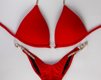 Red Base Fitness Bikini, Figure Bikini, Bikini Suit, Competition Bikini, Wellness Competition Bikini, NPC, IFBB, Posing Competition