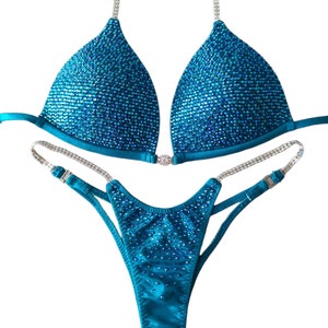 Blue fitnes suit . bikini suit, rhinestones suit , competition suit . figure suit, Posing suit Bikini for win image 2