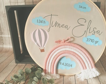 Name tag with your baby's birth details in beautiful pastel pink colors, balloons, clouds and rainbows in 3D.