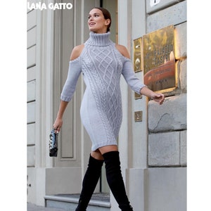 Hand-Knitted Merino Wool Dress: Cable Knit, Off-the-Shoulder