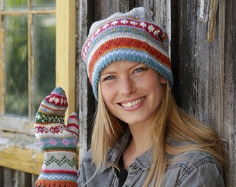 Hand knitted women's mittens and hat, nordic hat, norwegian mittens and hat, striped mittens and hat. hand made wool hat and mittens.