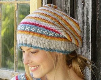 Hand knitted women's hat, nordic hat, norwegian hat, striped hat, fair isle hat.