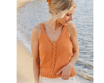 Handgestricktes Baumwolle Tank Top: Boho Bluse mit V-Ausschnitt und Zopfmuster