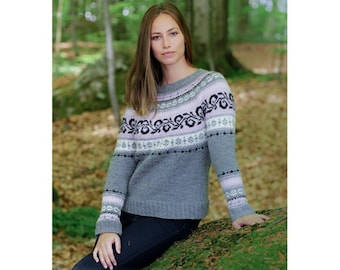 Handmade women's merino wool sweater in Nordic style.